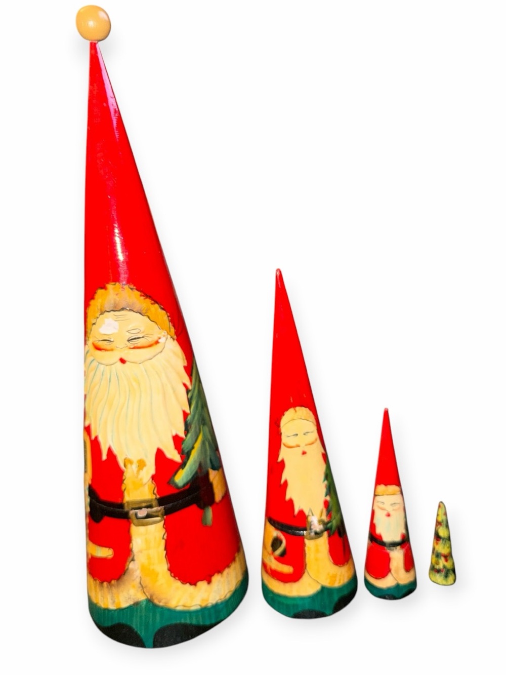 VTG Hand Painted Wooden Cone Santa Nesting Dolls Stacking Matryoshka Set of 4